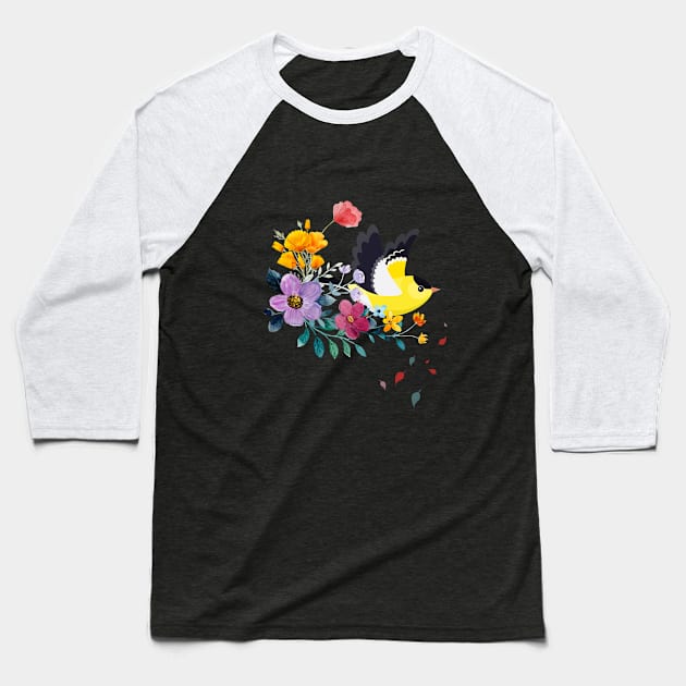 yellow bird and colorful flowers abstract art Baseball T-Shirt by WARNAWALIYA “The Gallery of Imagination”